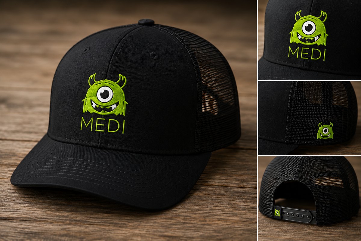 Medi Monster black mesh trucker hat